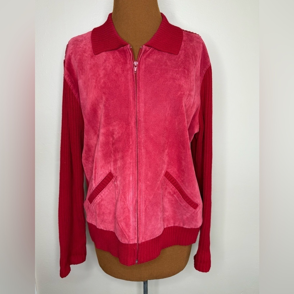 Chico's Design Red Suede Leather Knit Sleeve Zipper Front Jacket Size Large